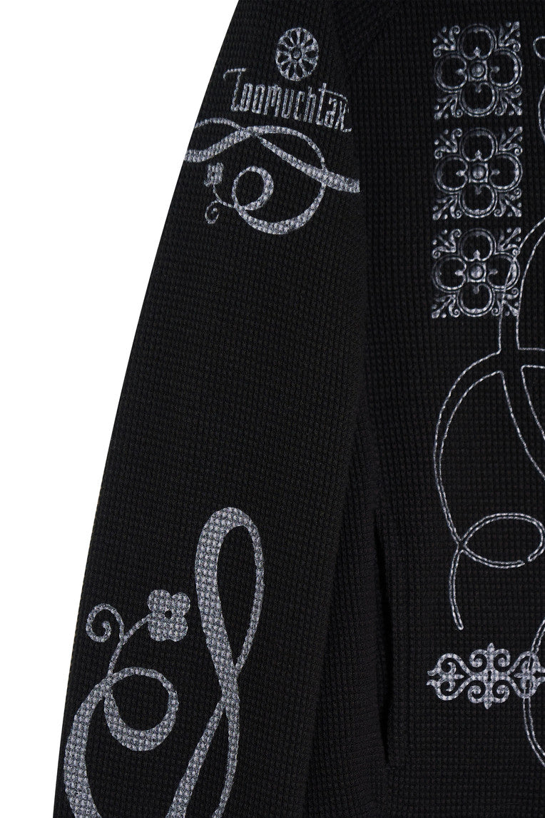 FOLK PATTERN CROP WAFFLE ZIP-UP HOODIE (BLACK)