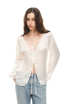 FRILL TRIM TIE BLOUSE (IVORY)