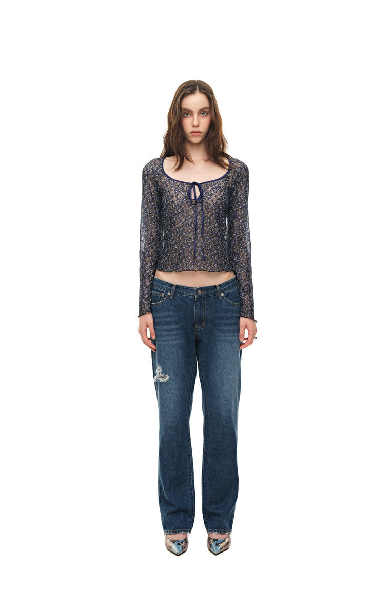 METALLIC FLORAL 02 KEYHOLE TIE TOP (NAVY) - 2