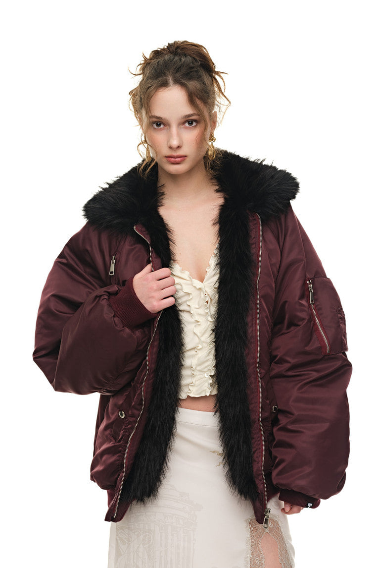 FAUX FUR 02 BOMBER JACKET (BURGUNDY) - 6