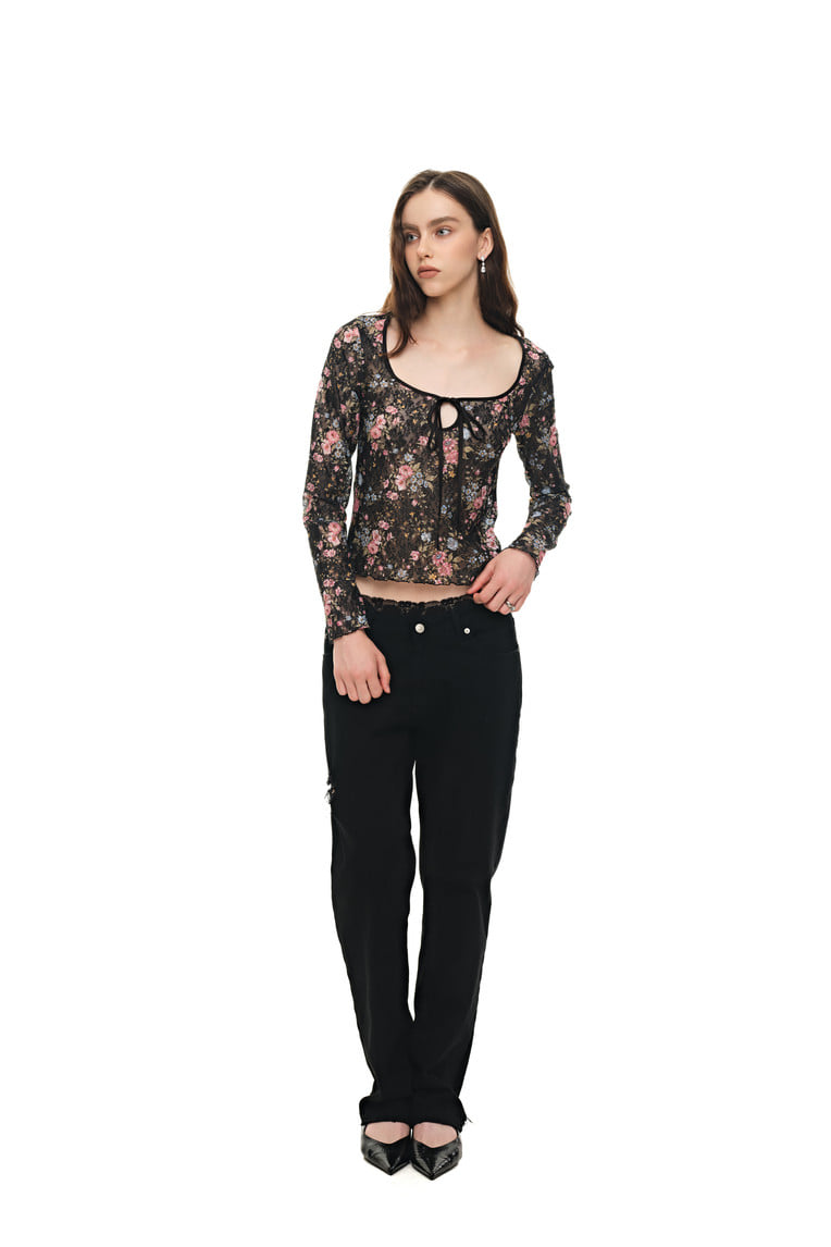 METALLIC FLORAL KEYHOLE TIE TOP (BLACK)
