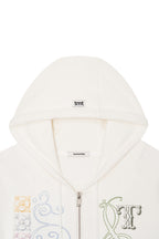 FOLK PATTERN CROP WAFFLE ZIP-UP HOODIE (WHITE)