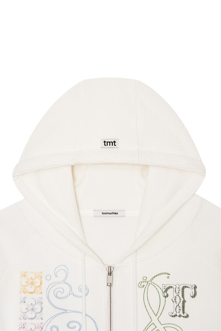 FOLK PATTERN CROP WAFFLE ZIP-UP HOODIE (WHITE)