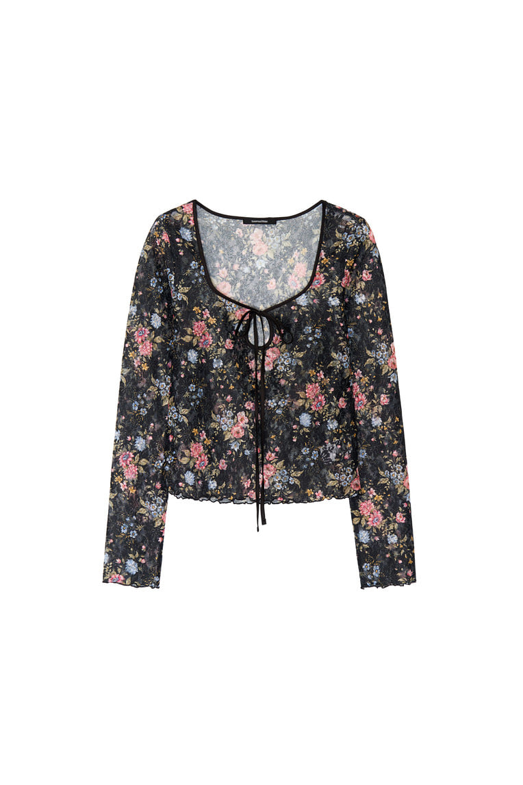 METALLIC FLORAL KEYHOLE TIE TOP (BLACK)