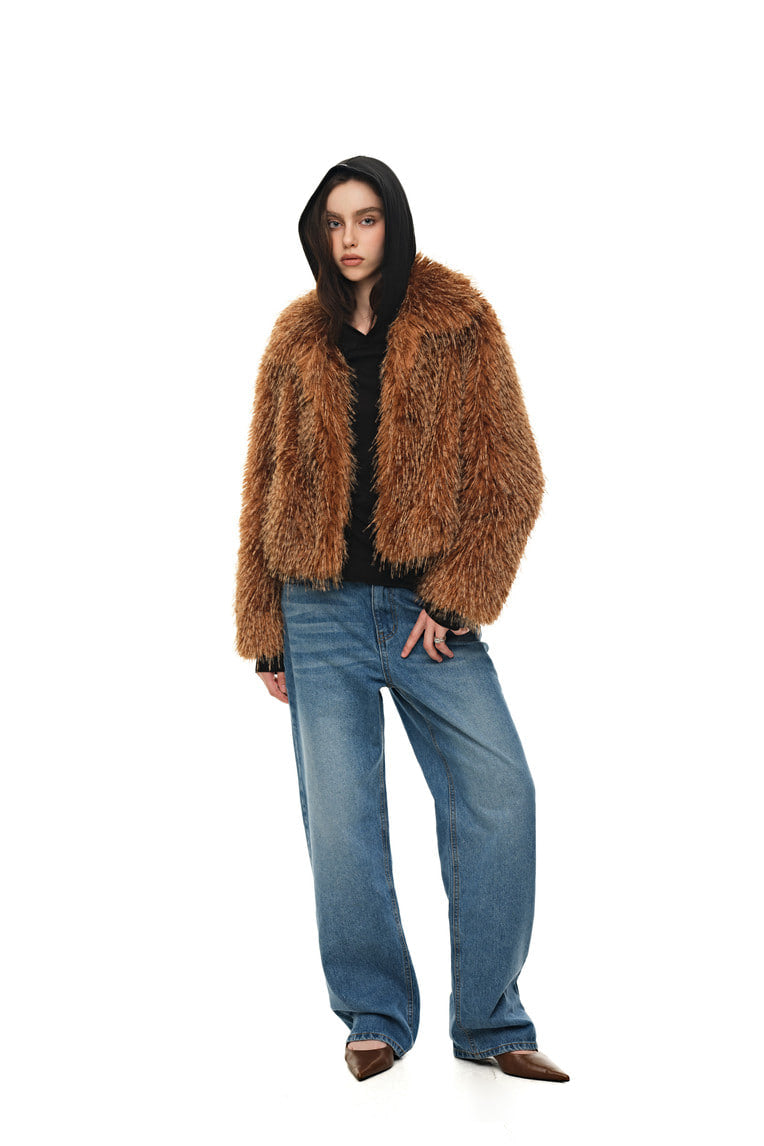FAUX FUR 02 CROPPED JACKET (CAMEL) - 4