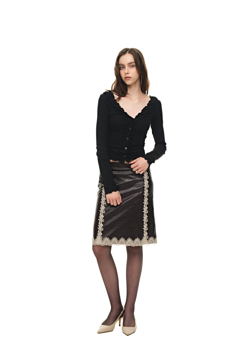 LACE POINT LEATHER MIDI SKIRT (BURGUNDY)