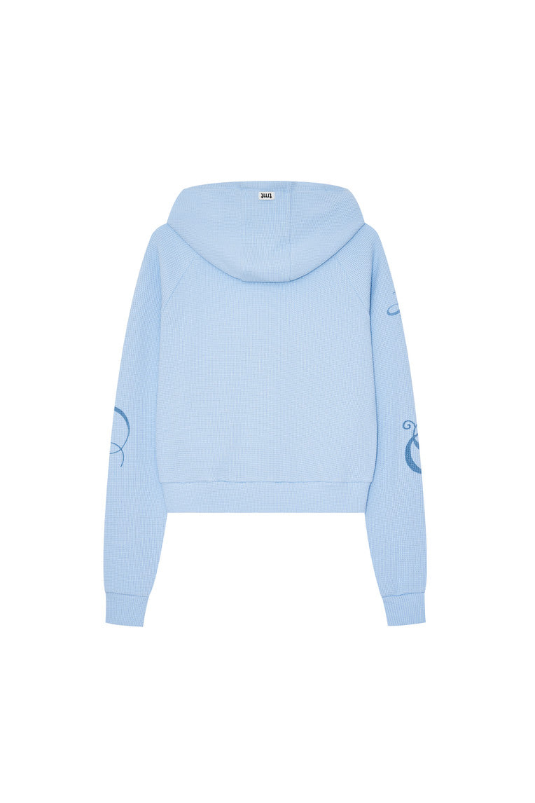 FOLK PATTERN CROP WAFFLE ZIP-UP HOODIE (LIGHT BLUE)