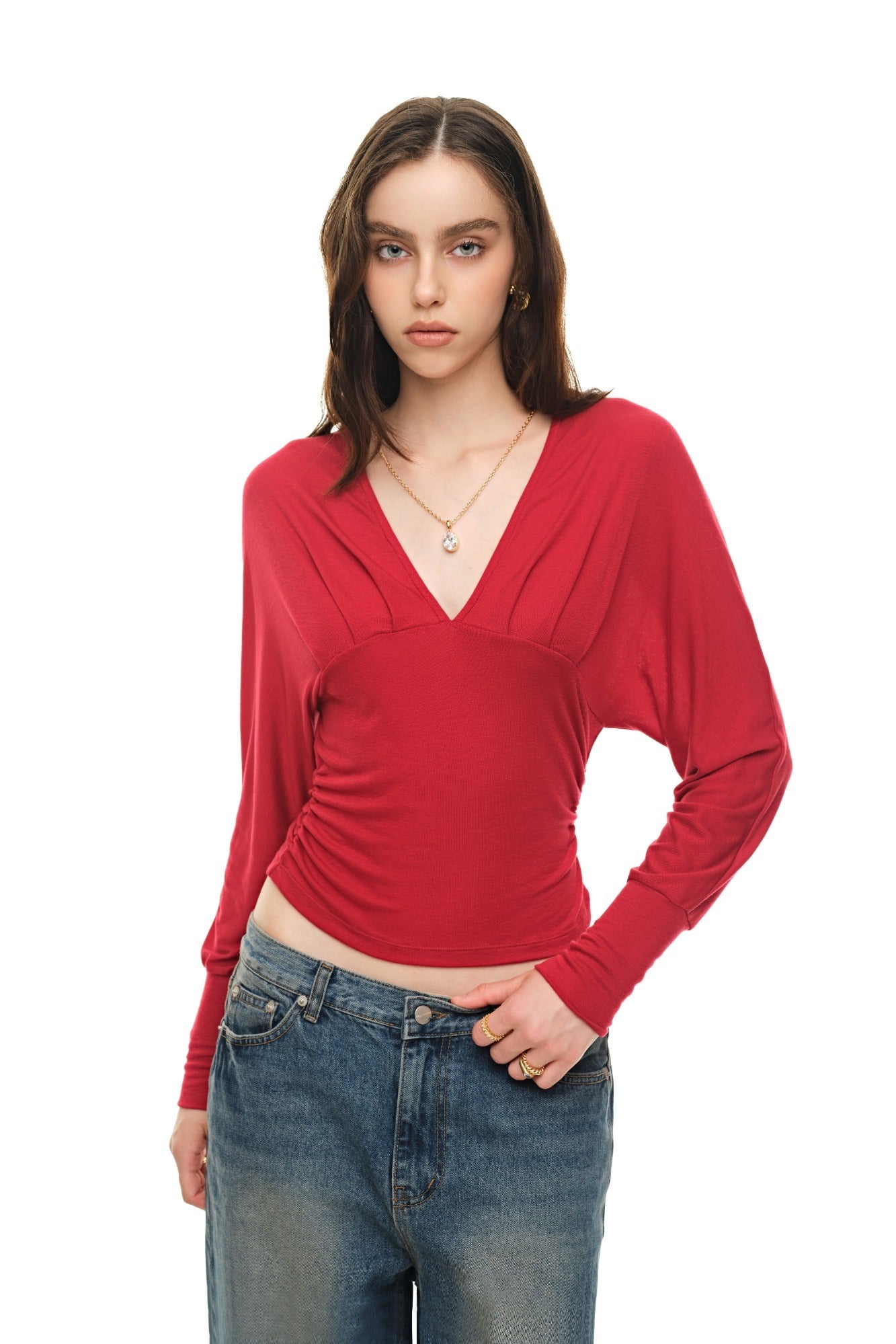 DEEP V-NECK SHIRRING TOP (RED)