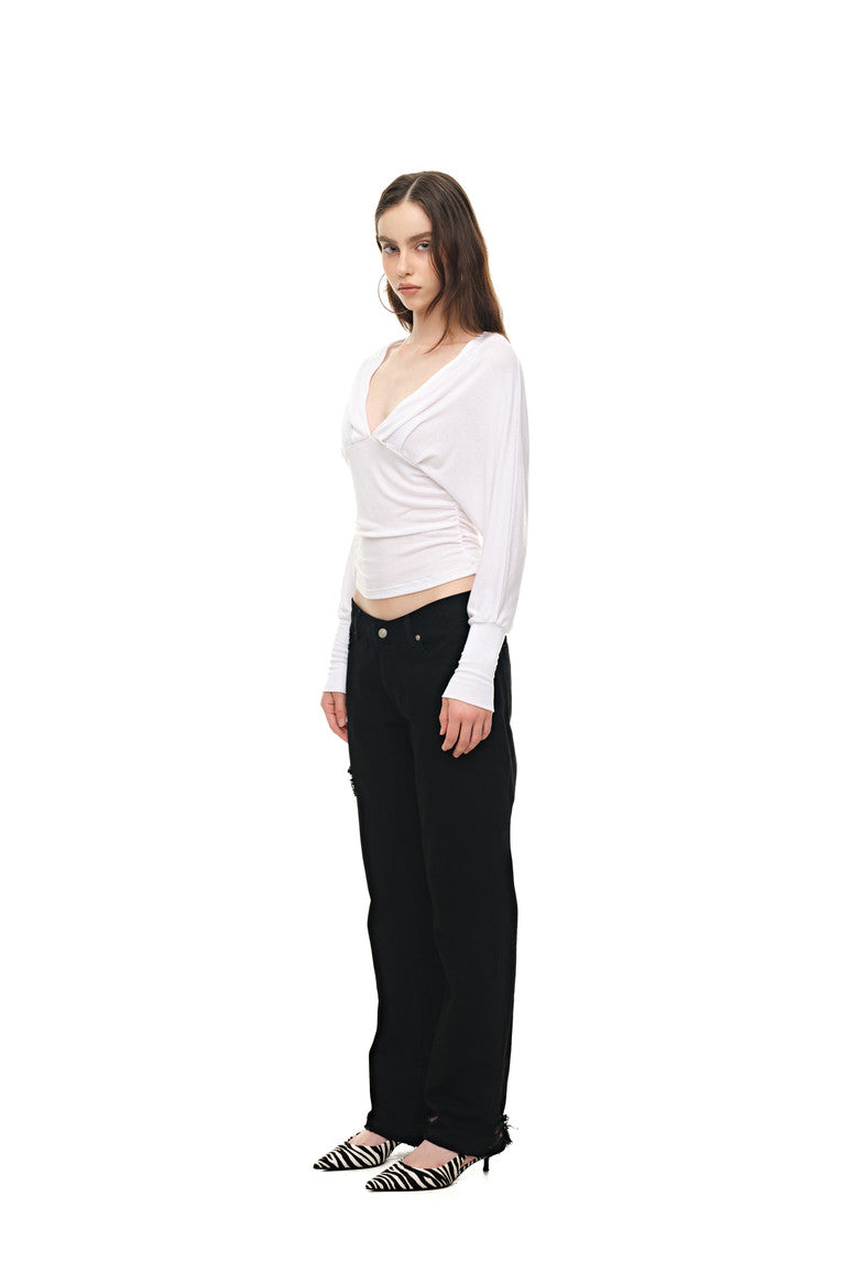 DEEP V-NECK SHIRRING TOP (WHITE)