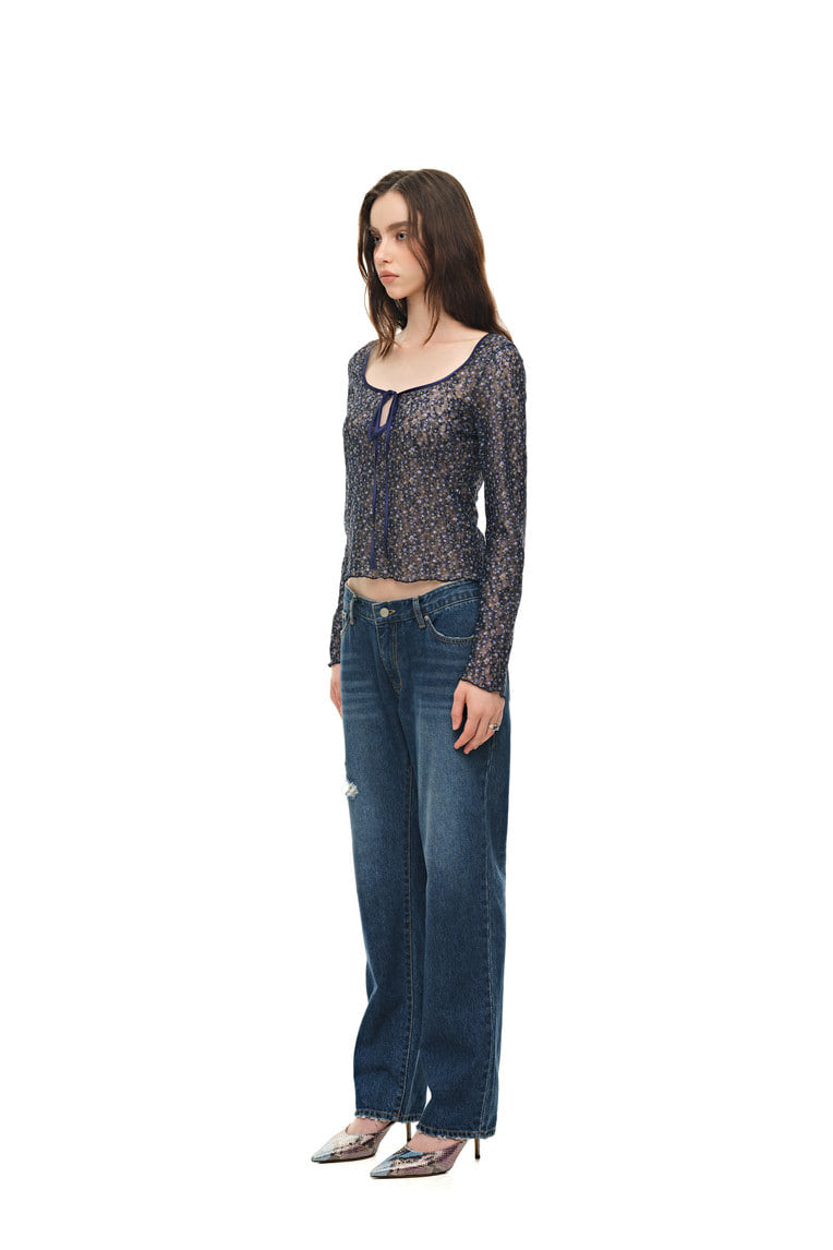 METALLIC FLORAL 02 KEYHOLE TIE TOP (NAVY) - 3