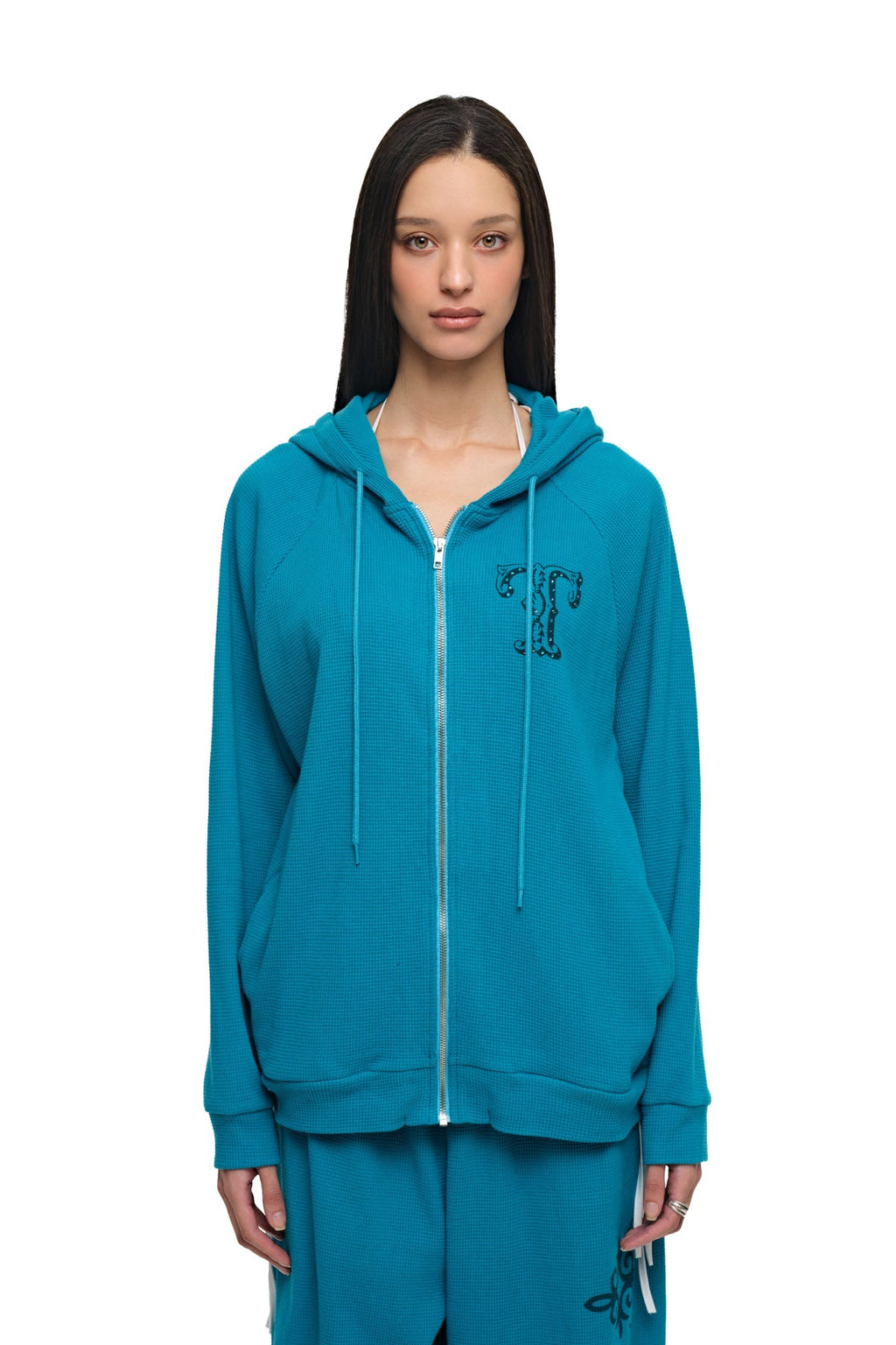 LEO HOTFIX WAFFLE ZIP-UP HOODIE (TEAL)