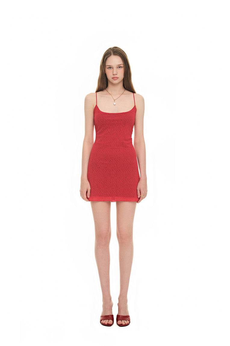 SPAGHETTI STRAP LACE MINI DRESS (RED)