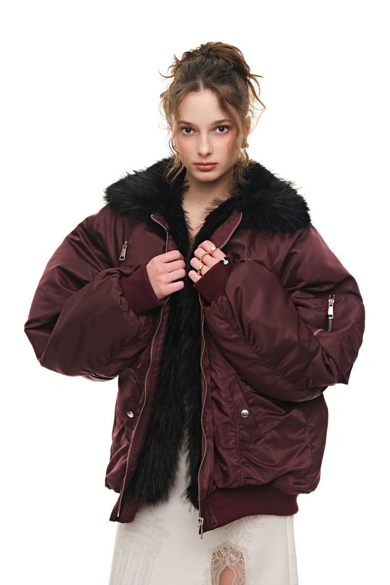 FAUX FUR 02 BOMBER JACKET (BURGUNDY) - 7