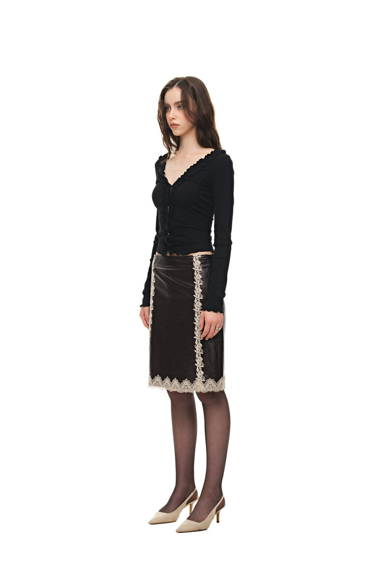 LACE POINT LEATHER MIDI SKIRT (BURGUNDY)