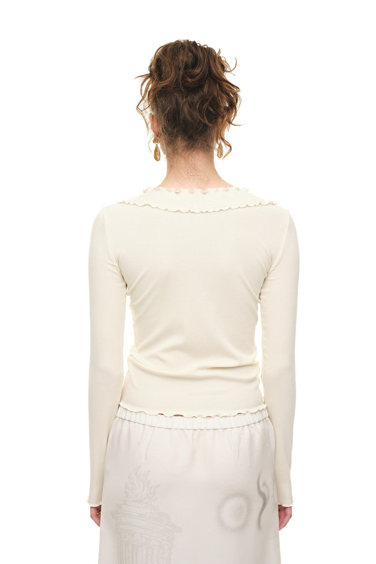 FRILL TRIM V-NECK CARDIGAN (IVORY)