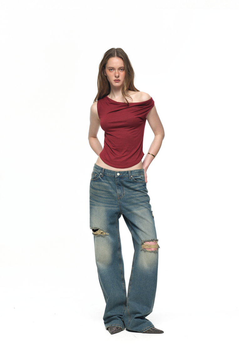 ASYMMETRIC ONE SHOULDER SLEEVELESS TOP (MAROON)