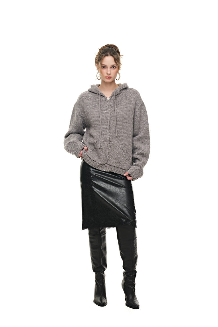 LACE POINT LEATHER MIDI SKIRT (BLACK)