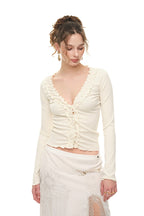 FRILL TRIM V-NECK CARDIGAN (IVORY)