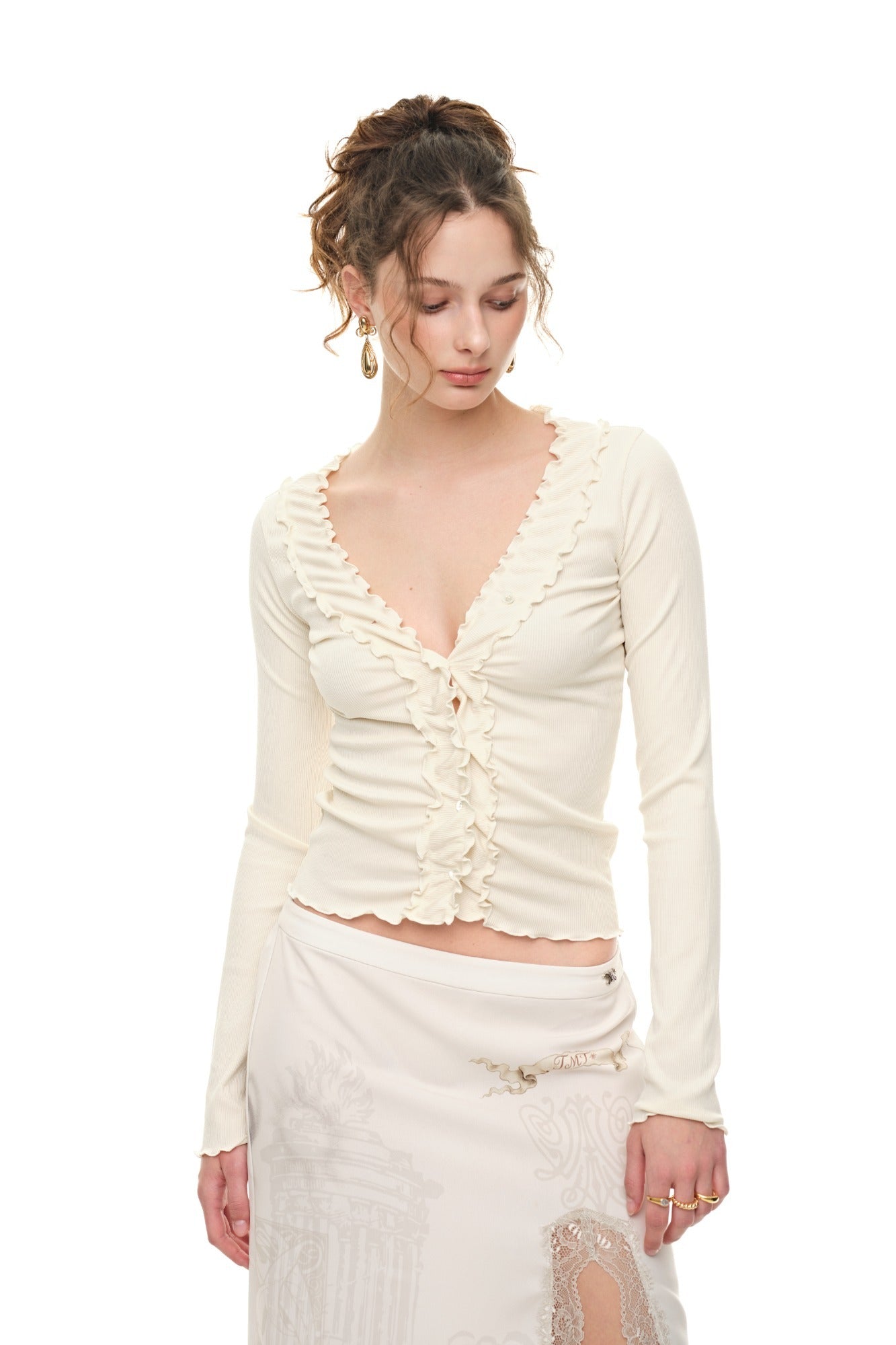 FRILL TRIM V-NECK CARDIGAN (IVORY)