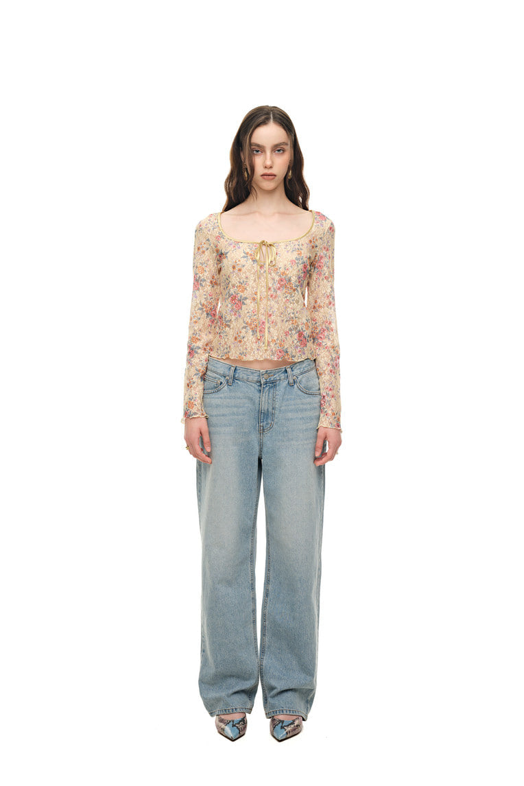 METALLIC FLORAL KEYHOLE TIE TOP (YELLOW)