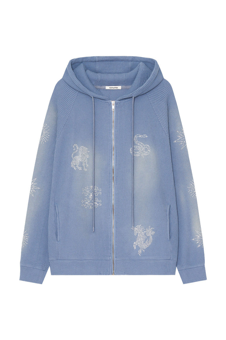 ZODIAC HOTFIX WAFFLE ZIP-UP HOODIE (WASHED BLUE)