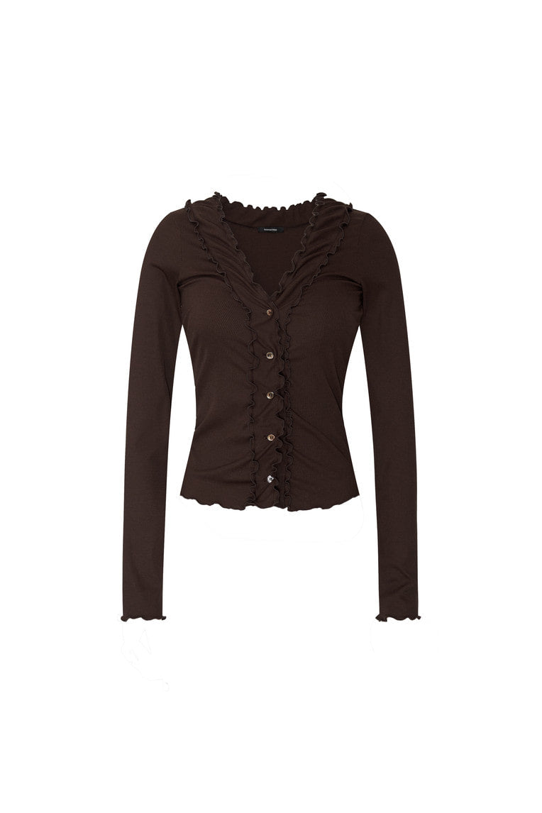 FRILL TRIM V-NECK CARDIGAN (BROWN)