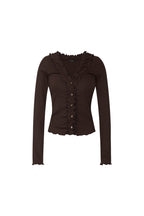 FRILL TRIM V-NECK CARDIGAN (BROWN)
