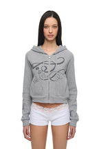 FOLK PATTERN 02 CROP WAFFLE ZIP-UP HOODIE (MELANGE GREY)