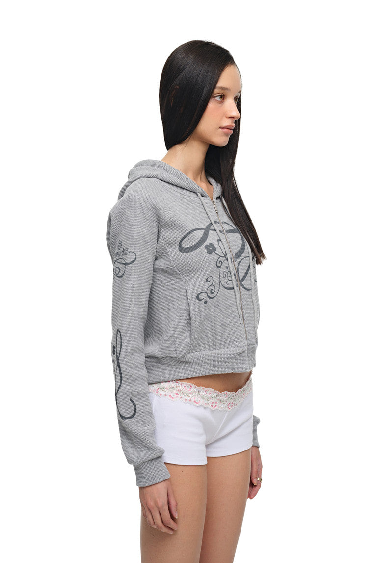 FOLK PATTERN 02 CROP WAFFLE ZIP-UP HOODIE (MELANGE GREY)