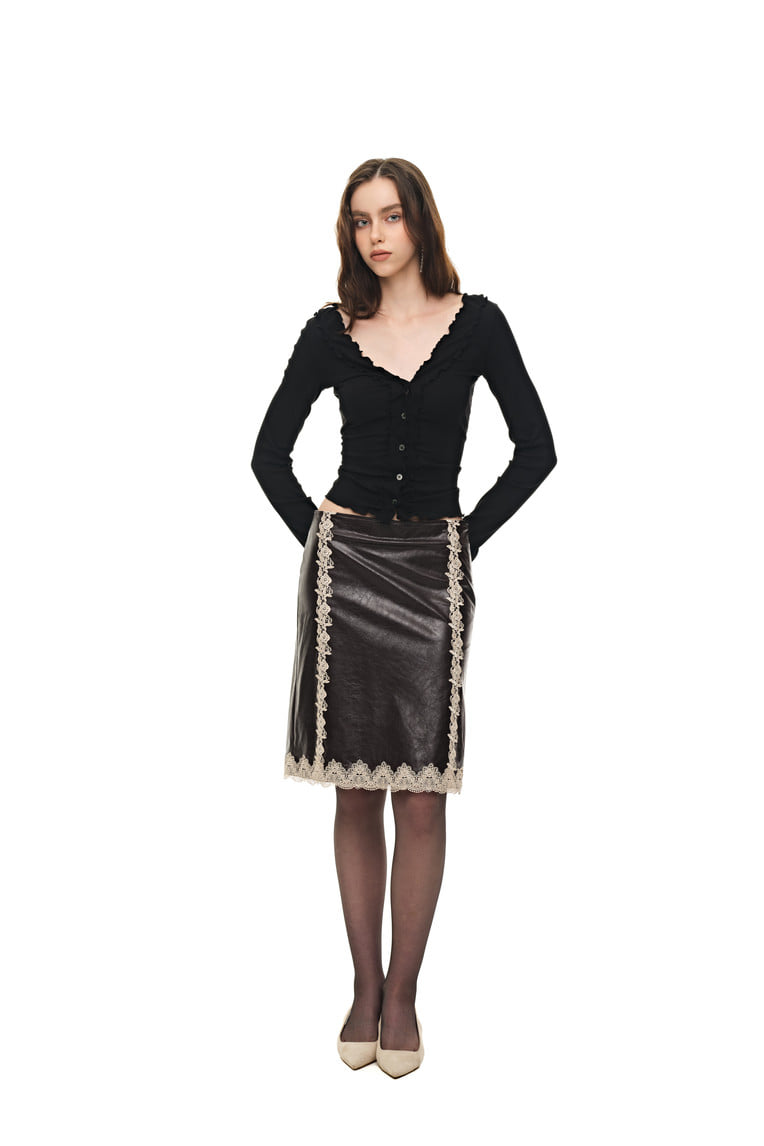 LACE POINT LEATHER MIDI SKIRT (BURGUNDY)