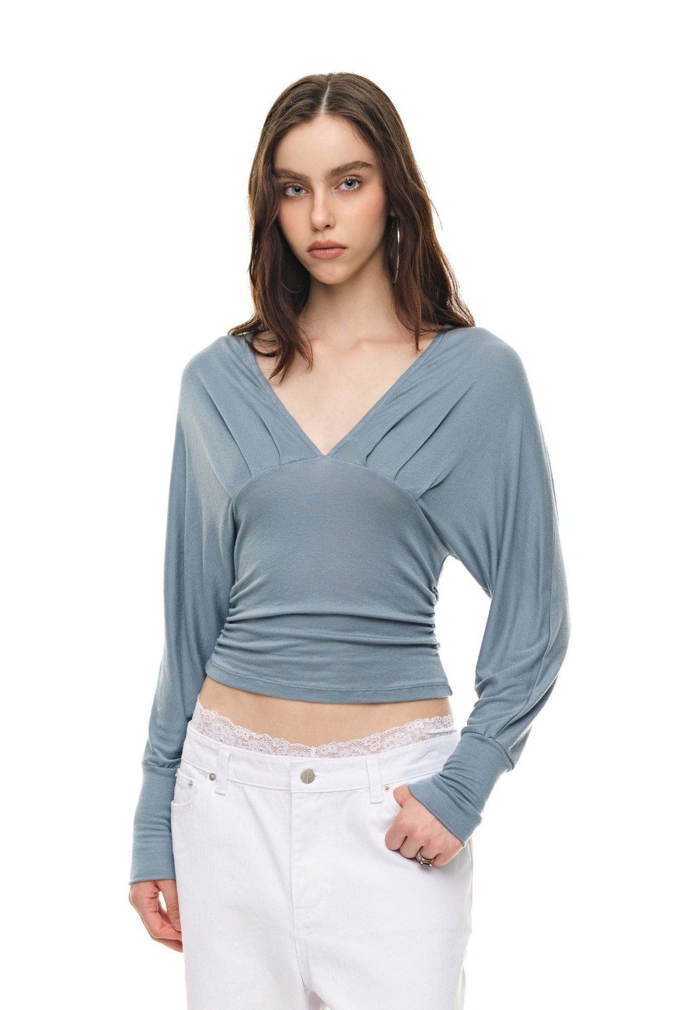 DEEP V-NECK SHIRRING TOP (LIGHT BLUE)