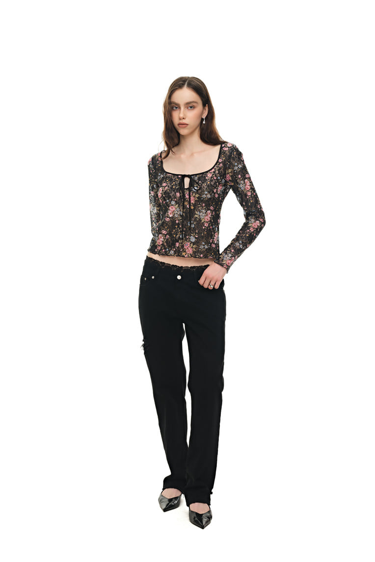 METALLIC FLORAL KEYHOLE TIE TOP (BLACK)