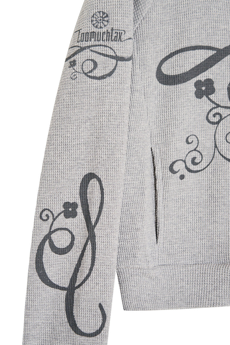 FOLK PATTERN 02 CROP WAFFLE ZIP-UP HOODIE (MELANGE GREY)