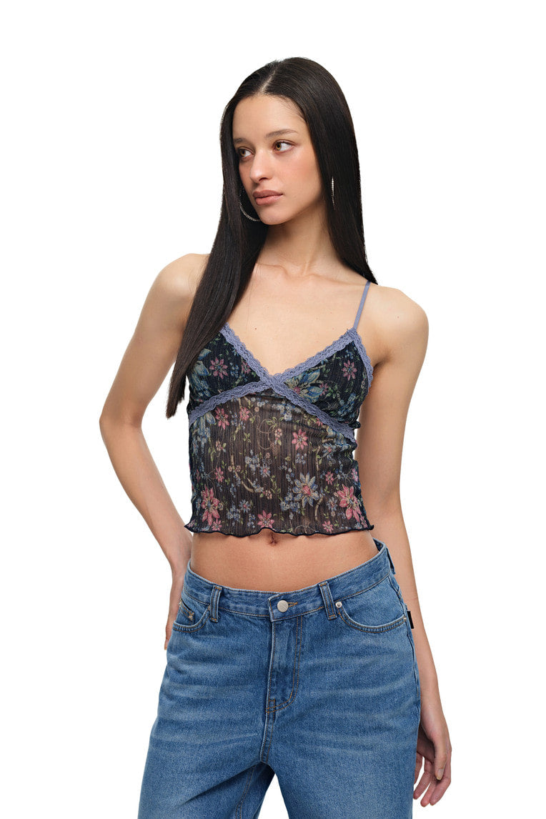 [Ships June 5] METALLIC FLORAL 03 LACE CAMI TOP (NAVY)