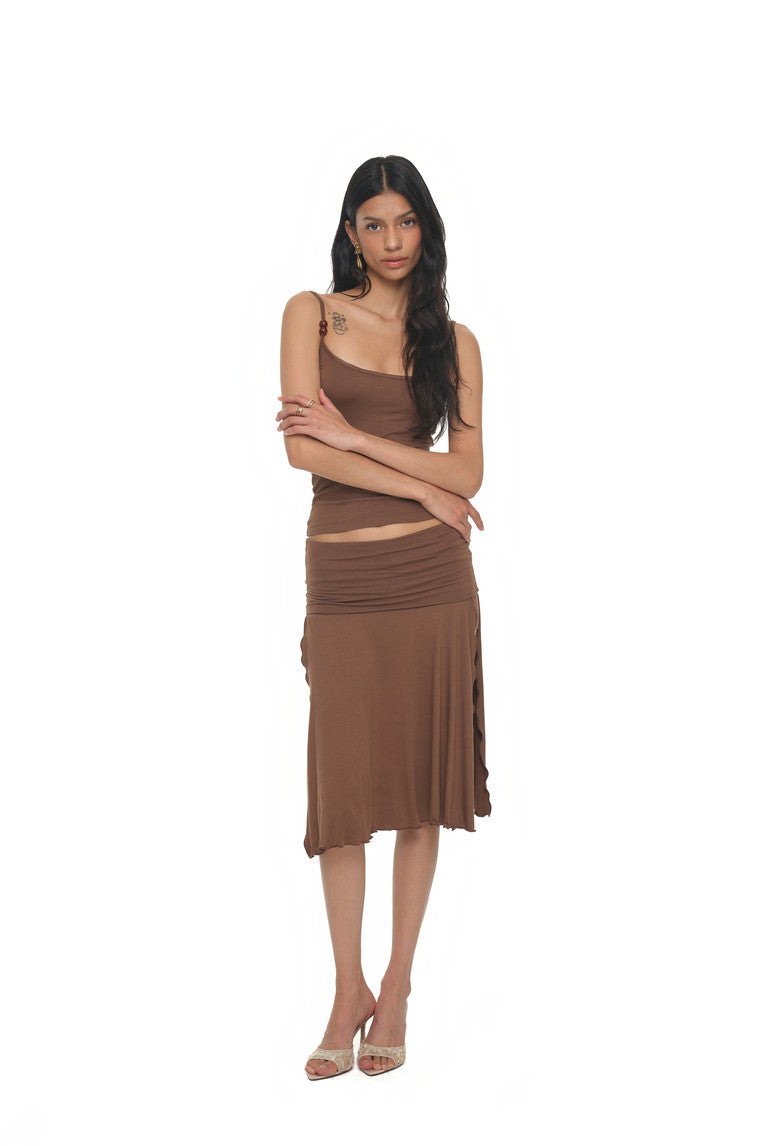 SLIT MIDI SKIRT PANTS (BROWN)