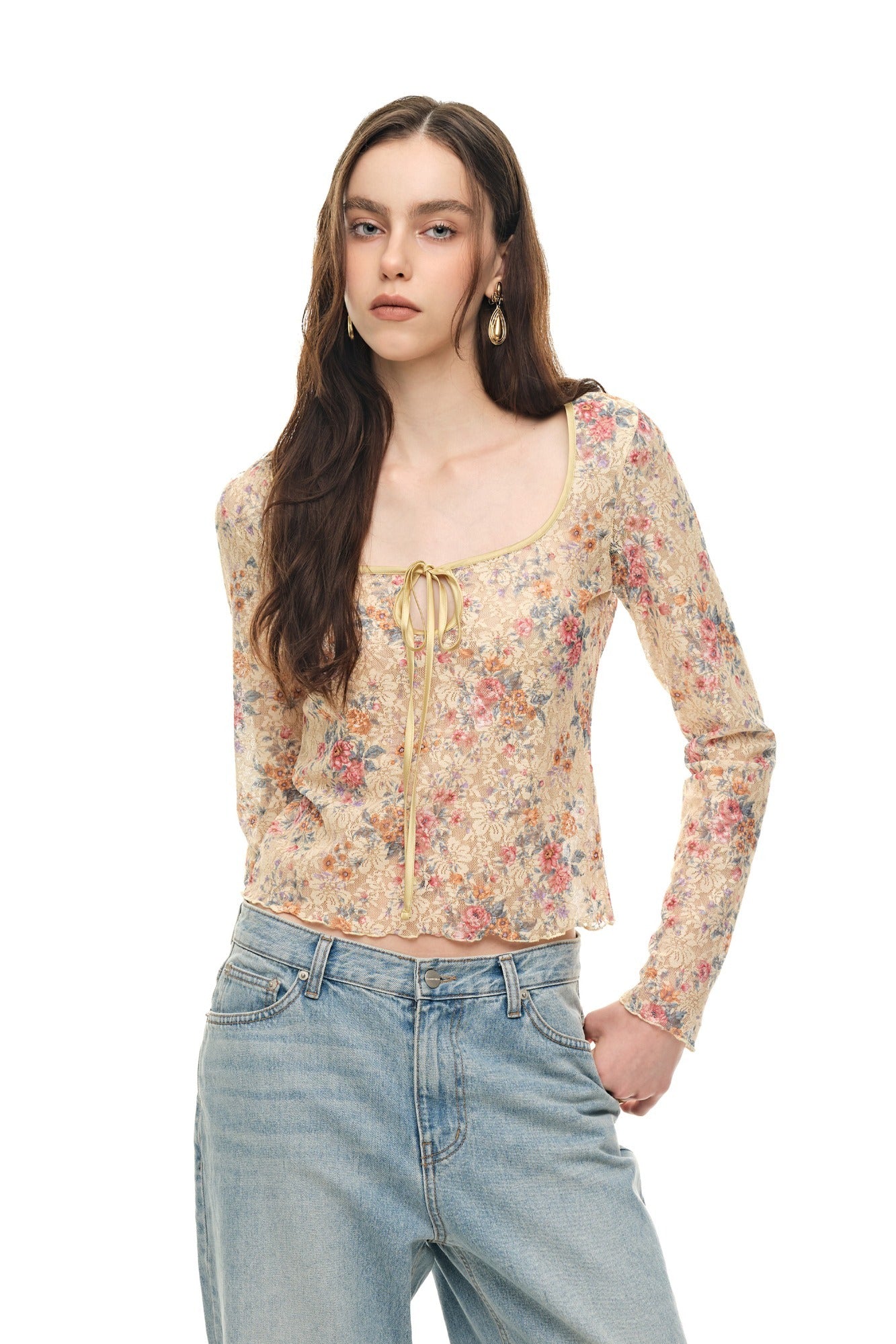 METALLIC FLORAL KEYHOLE TIE TOP (YELLOW)