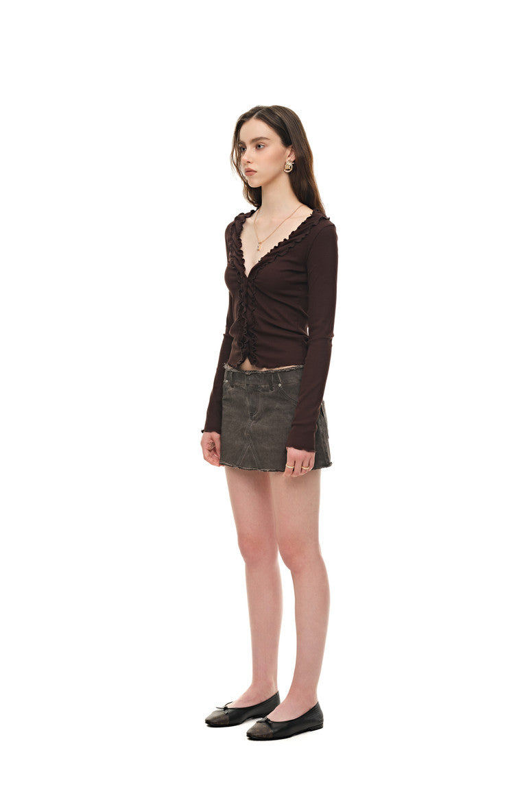 FRILL TRIM V-NECK CARDIGAN (BROWN)
