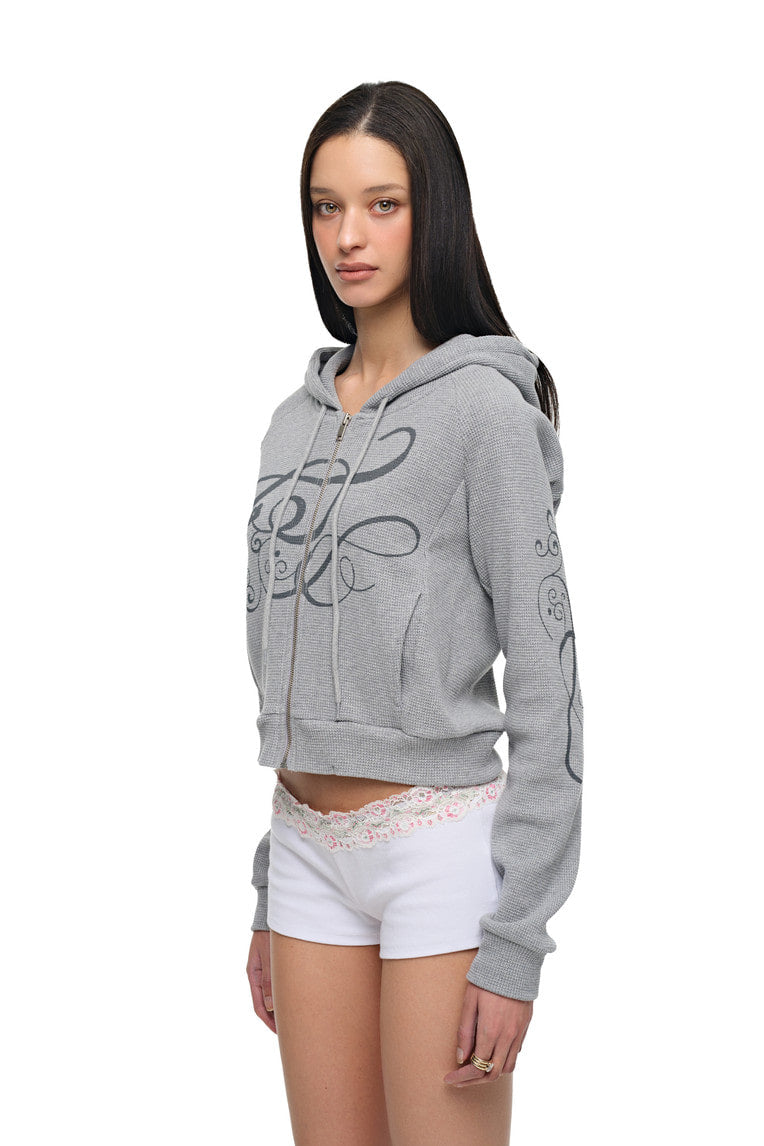 FOLK PATTERN 02 CROP WAFFLE ZIP-UP HOODIE (MELANGE GREY)