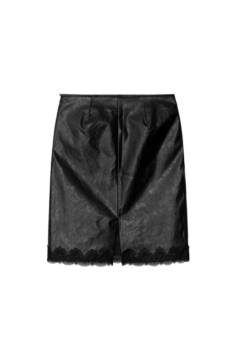 LACE POINT LEATHER MIDI SKIRT (BLACK)