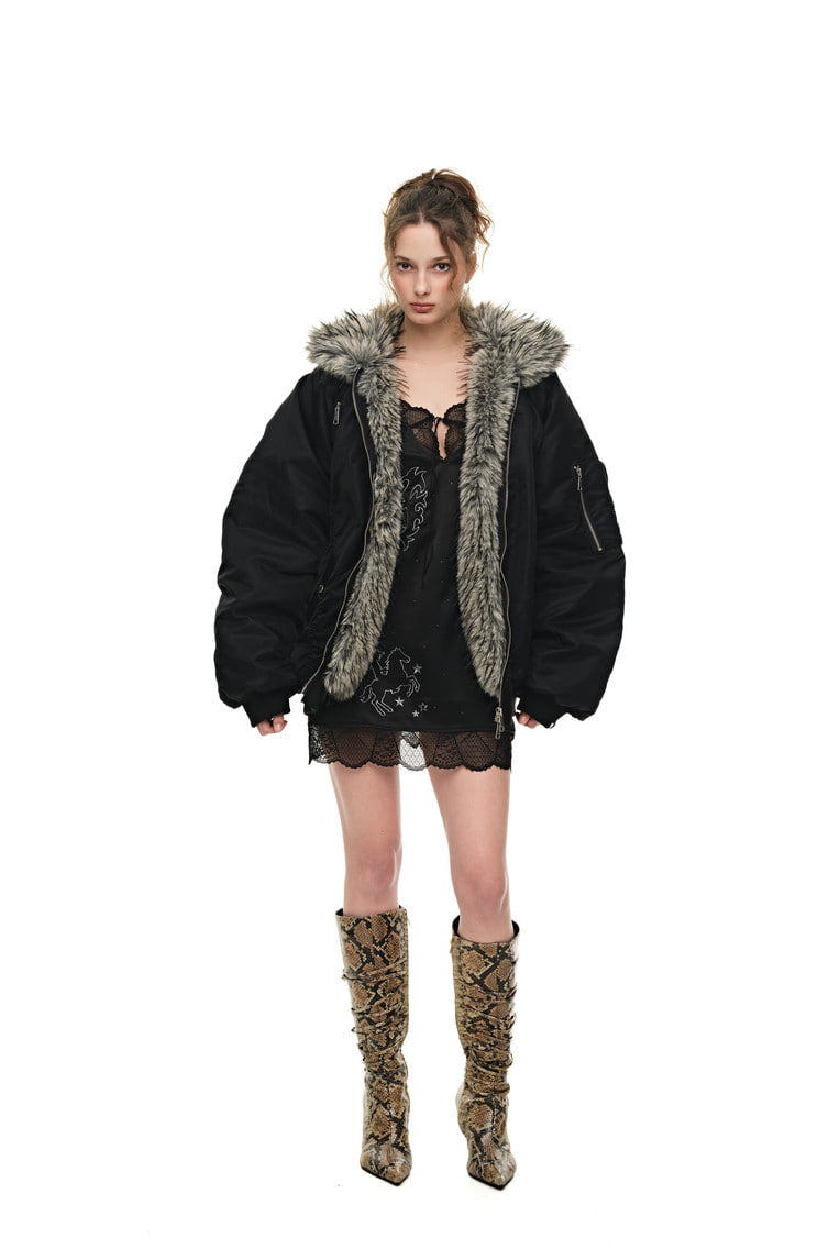 FAUX FUR 02 BOMBER JACKET (BLACK) - 5