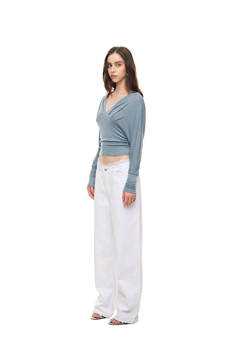 DEEP V-NECK SHIRRING TOP (LIGHT BLUE)