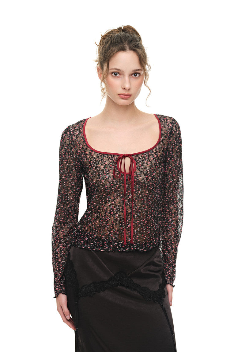 METALLIC FLORAL 02 KEYHOLE TIE TOP (RED) - 5