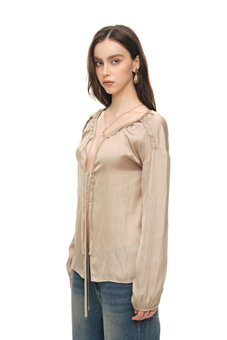 FRILL TRIM TIE BLOUSE (BEIGE)