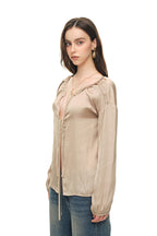FRILL TRIM TIE BLOUSE (BEIGE)