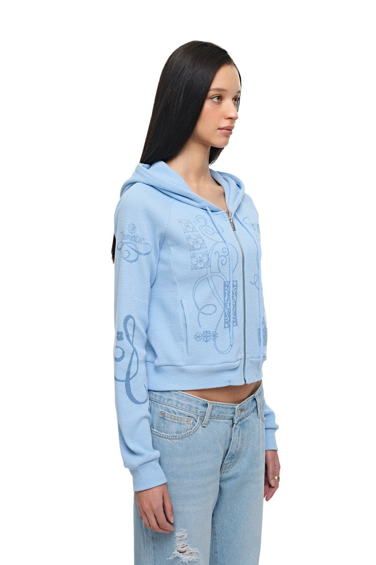 FOLK PATTERN CROP WAFFLE ZIP-UP HOODIE (LIGHT BLUE)