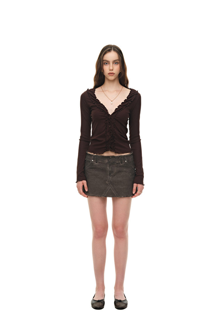 FRILL TRIM V-NECK CARDIGAN (BROWN)