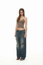 LACE RIBBED CAMI TOP (BROWN)
