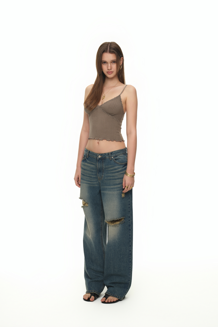 LACE RIBBED CAMI TOP (BROWN)
