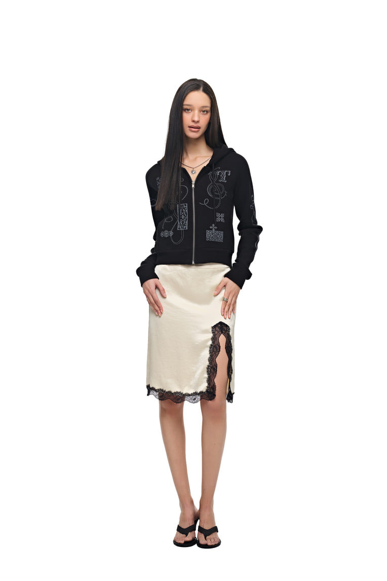 FOLK PATTERN CROP WAFFLE ZIP-UP HOODIE (BLACK)