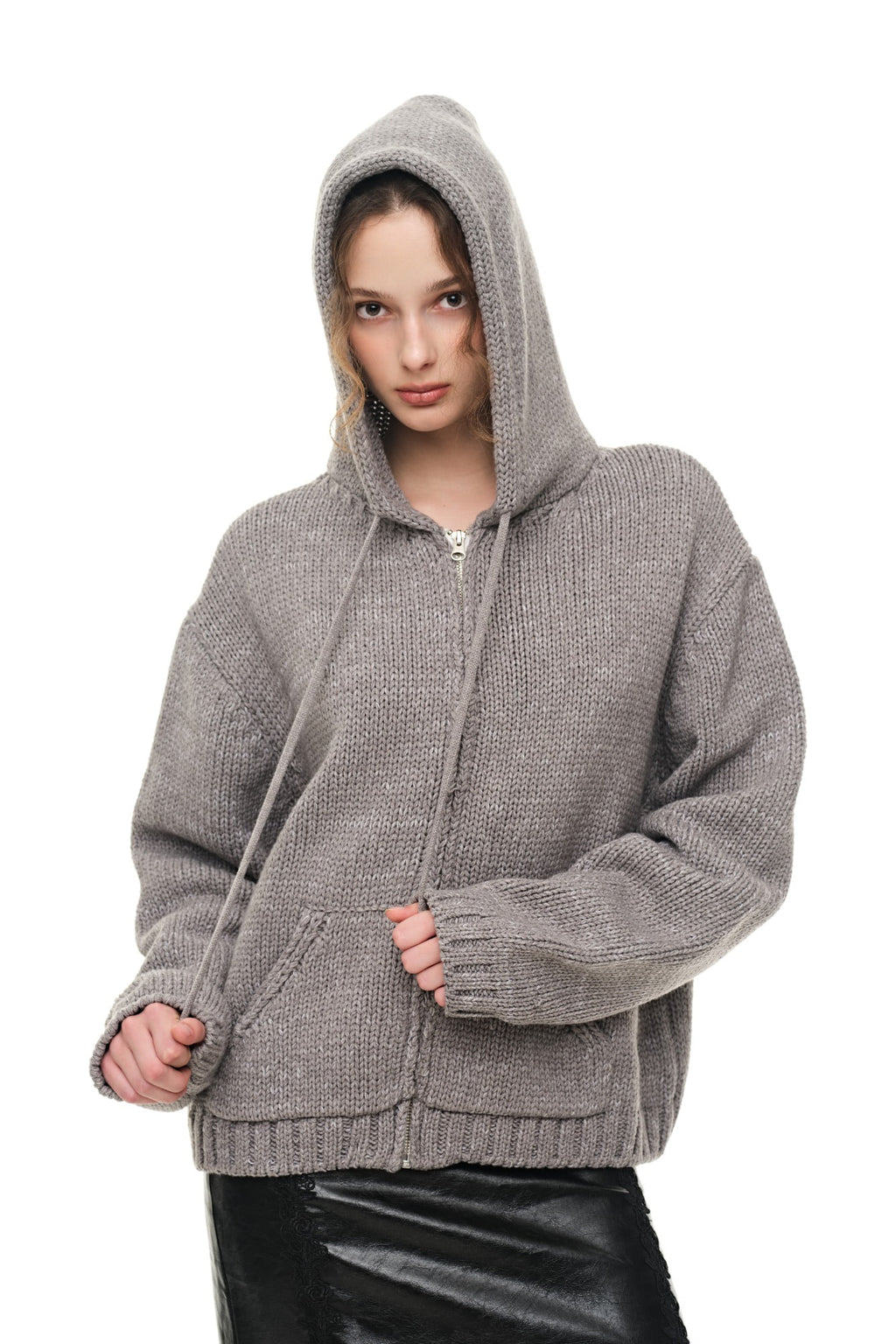 HEAVY KNIT ZIP-UP HOODIE (MELANGE GRAY)